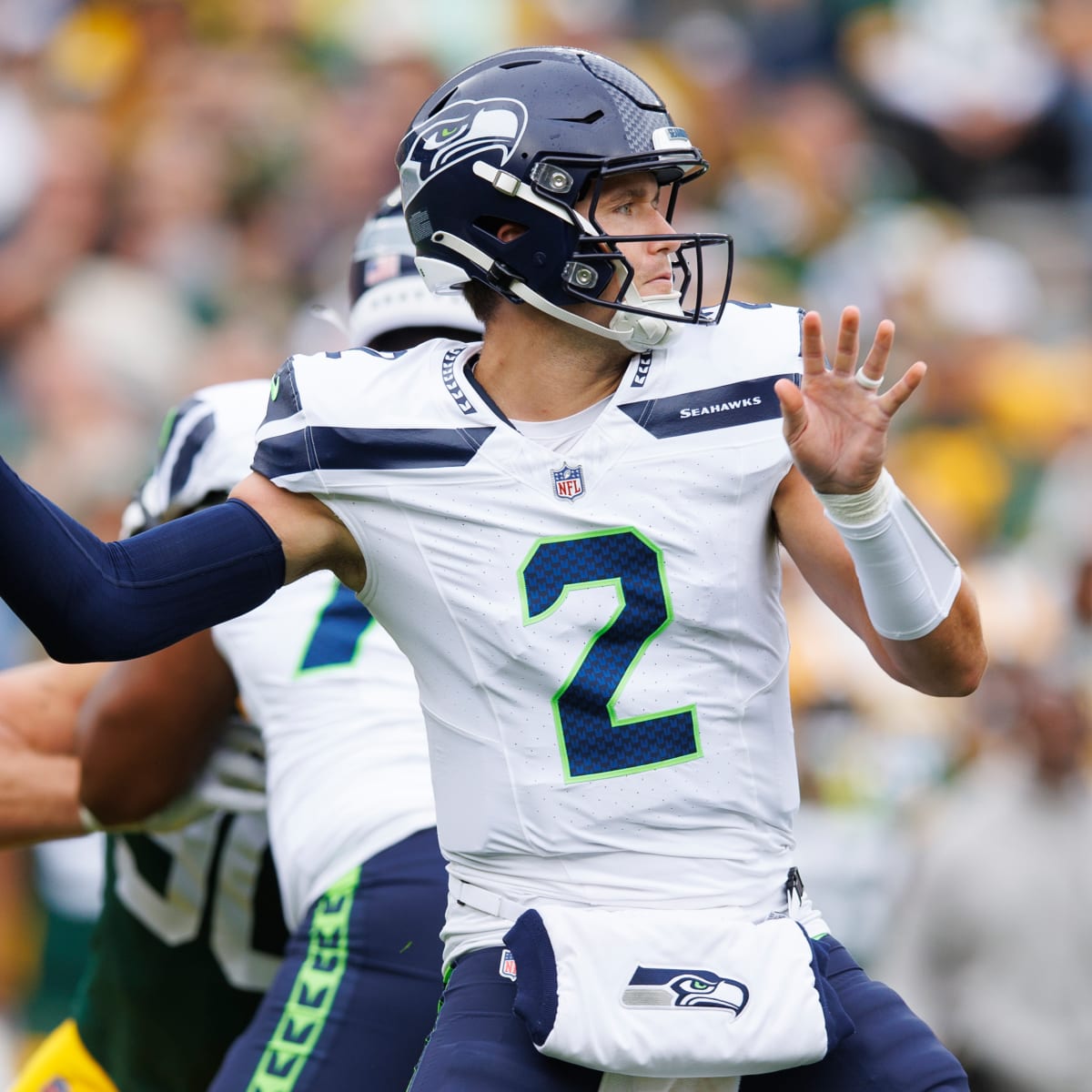 Seattle Seahawks quarterback Drew Lock (2) warms up before an NFL