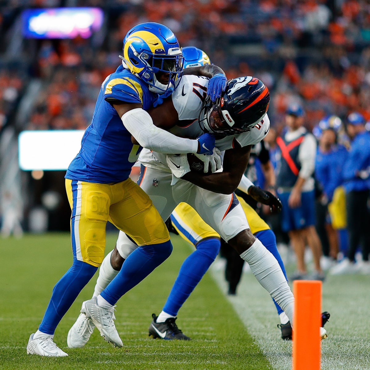 Los Angeles Rams defensive tackle Tanzel Smart gets set to run a play  during a preseason NFL football game against the Denver Broncos Saturday,  Aug. 24, 2019, in Los Angeles. (AP Photo/Mark