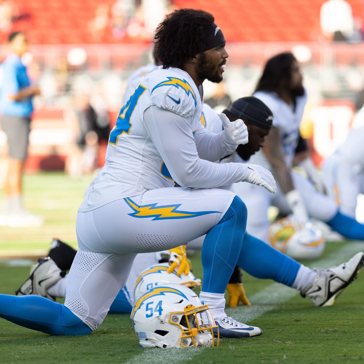 INGLEWOOD, CA - AUGUST 20: Los Angeles Chargers linebacker Carlo Kemp (54)  looks on during the NFL preseason game between the Dallas Cowboys and the  Los Angeles Chargers on August 20, 2022