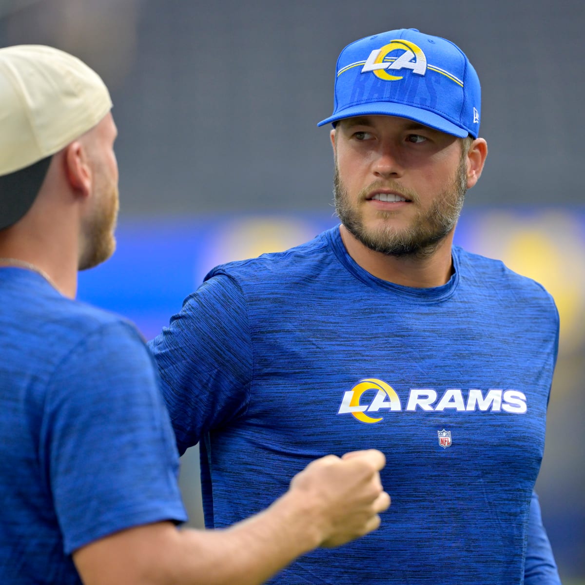 Inglewood, United States. 12th Sep, 2021. Rams Head Coach Sean McVay (L)  talks with quarterback Matthew Stafford during second quarter of game  against the Chicago Bears at SoFi Stadium on Sunday, September