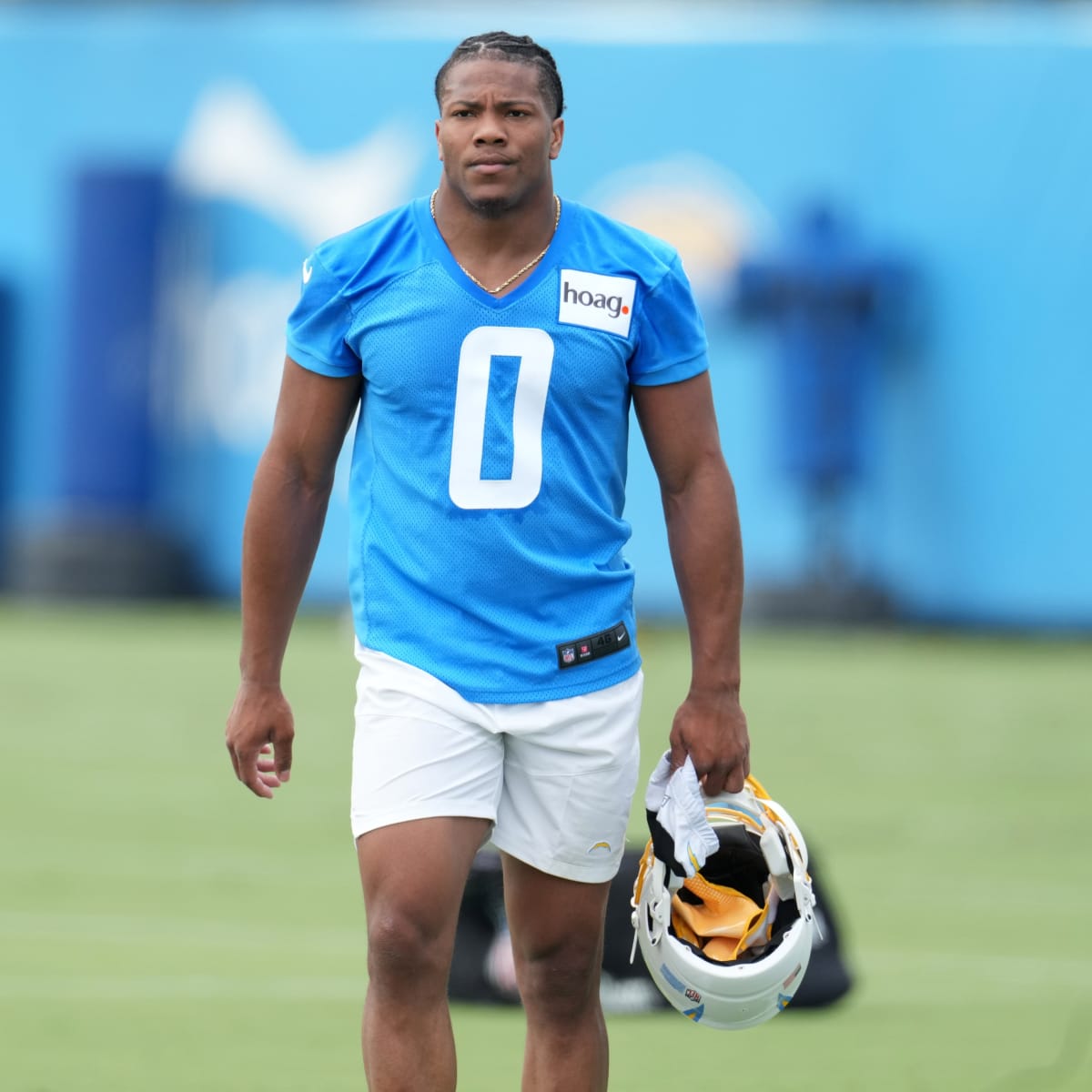 Los Angeles Chargers linebacker Daiyan Henley (0) walks off the field after  the NFL football team's rookie minicamp Friday, May 12, 2023, in Costa  Mesa, Calif. (AP Photo/Jae C. Hong Stock Photo - Alamy