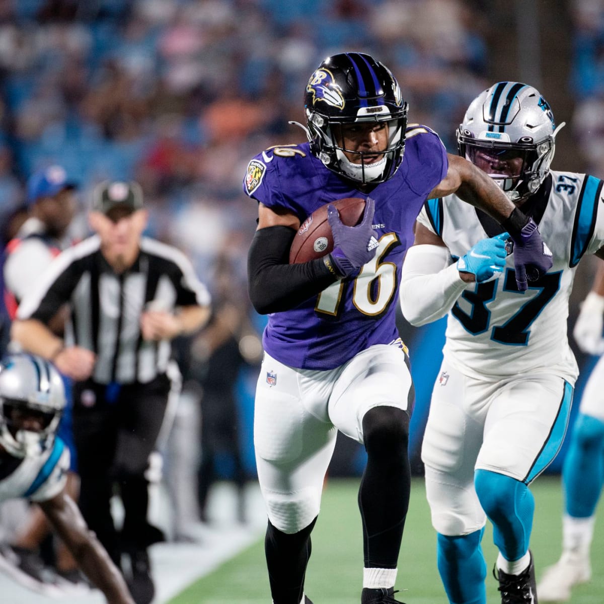 Baltimore Ravens wide receiver Tylan Wallace (16) runs against the New York  Giants during an NFL football game Sunday, Oct. 16, 2022, in East  Rutherford, N.J. (AP Photo/Adam Hunger Stock Photo - Alamy