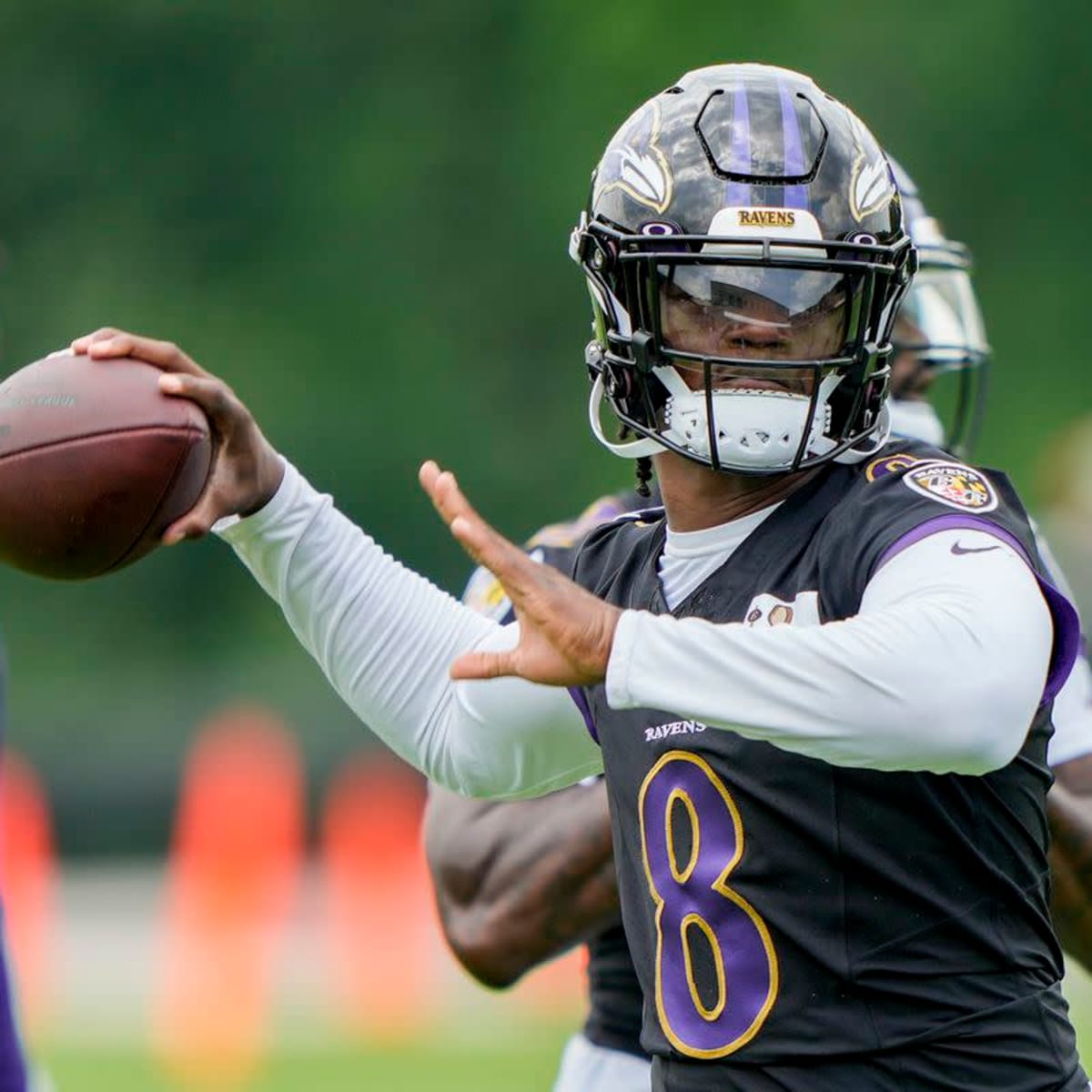 A general view of a football on the field during Baltimore Ravens