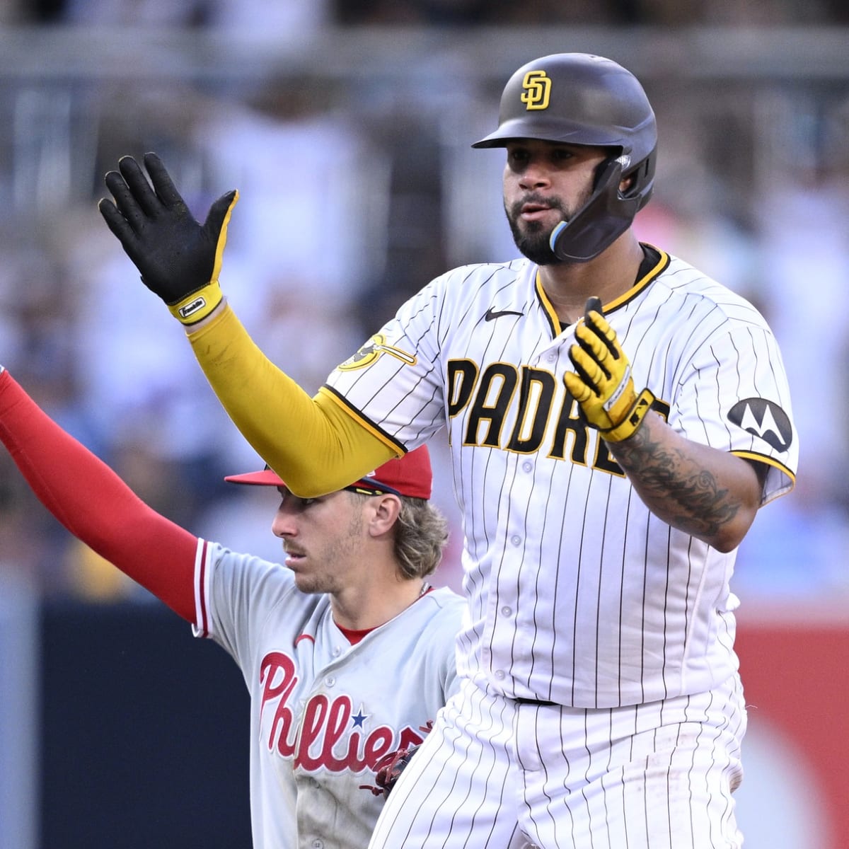 Gary Sanchez of the San Diego Padres, is congratulated by Fernando News  Photo - Getty Images