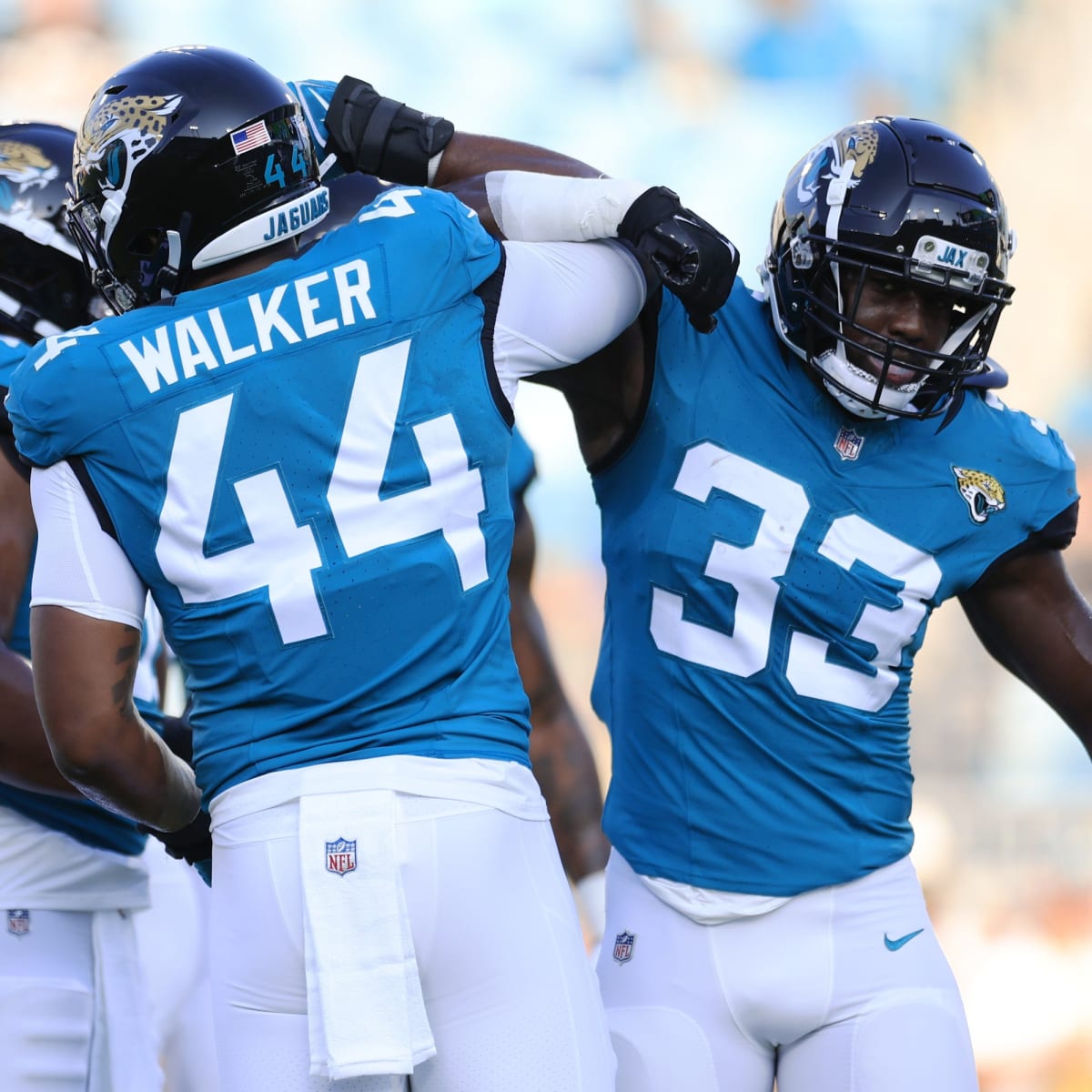 Recruits of all branches of the military take oath of service during  halftime of an NFL football game, Indianapolis Colts vs. Jacksonville  Jaguars in Jacksonville, Fla., Sunday, Dec. 2, 2018. (AP Photo/Gary