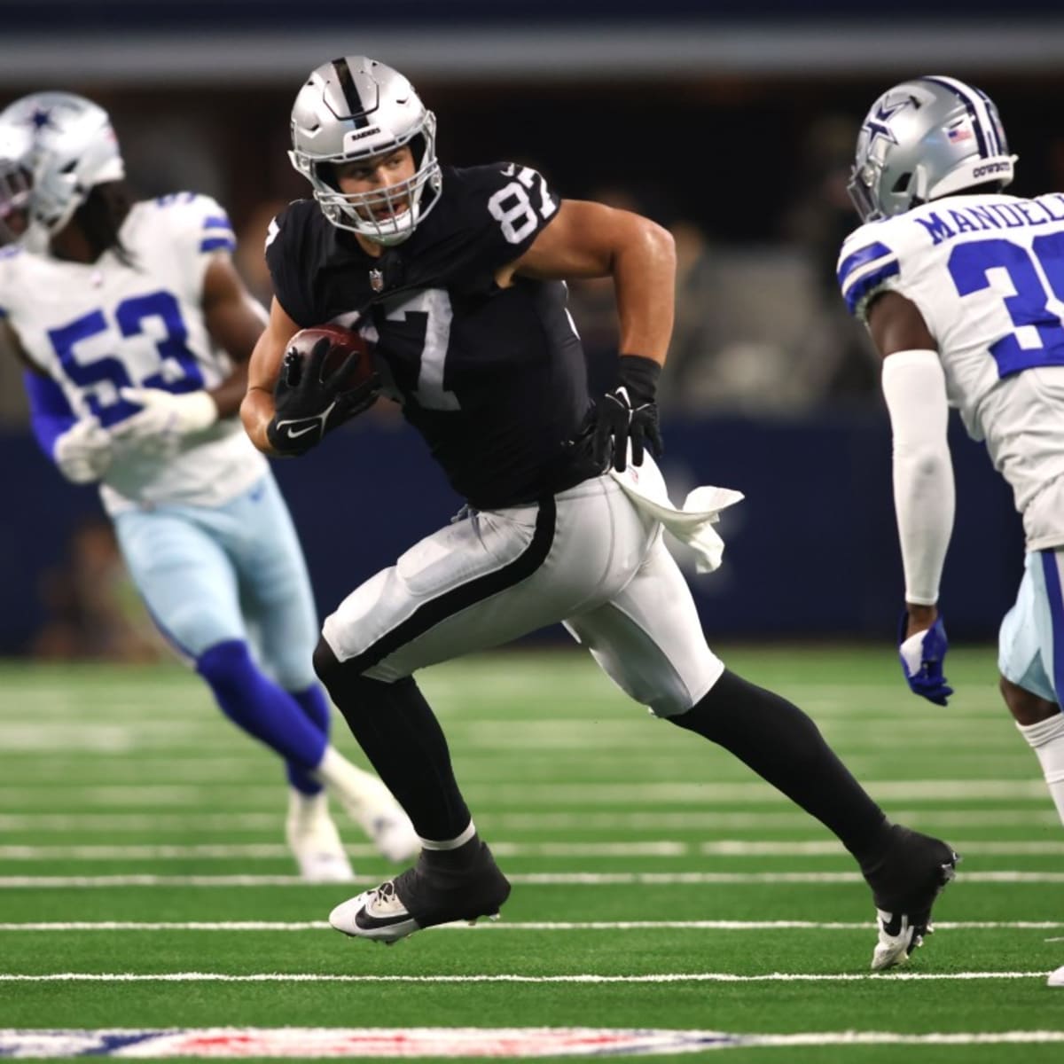 Las Vegas Raiders safety Tre'von Moehrig (25) is seen during the second  half of an NFL football game against the Dallas Cowboys, Saturday, Aug. 26,  2023, in Arlington, Texas. Dallas won 31-16. (