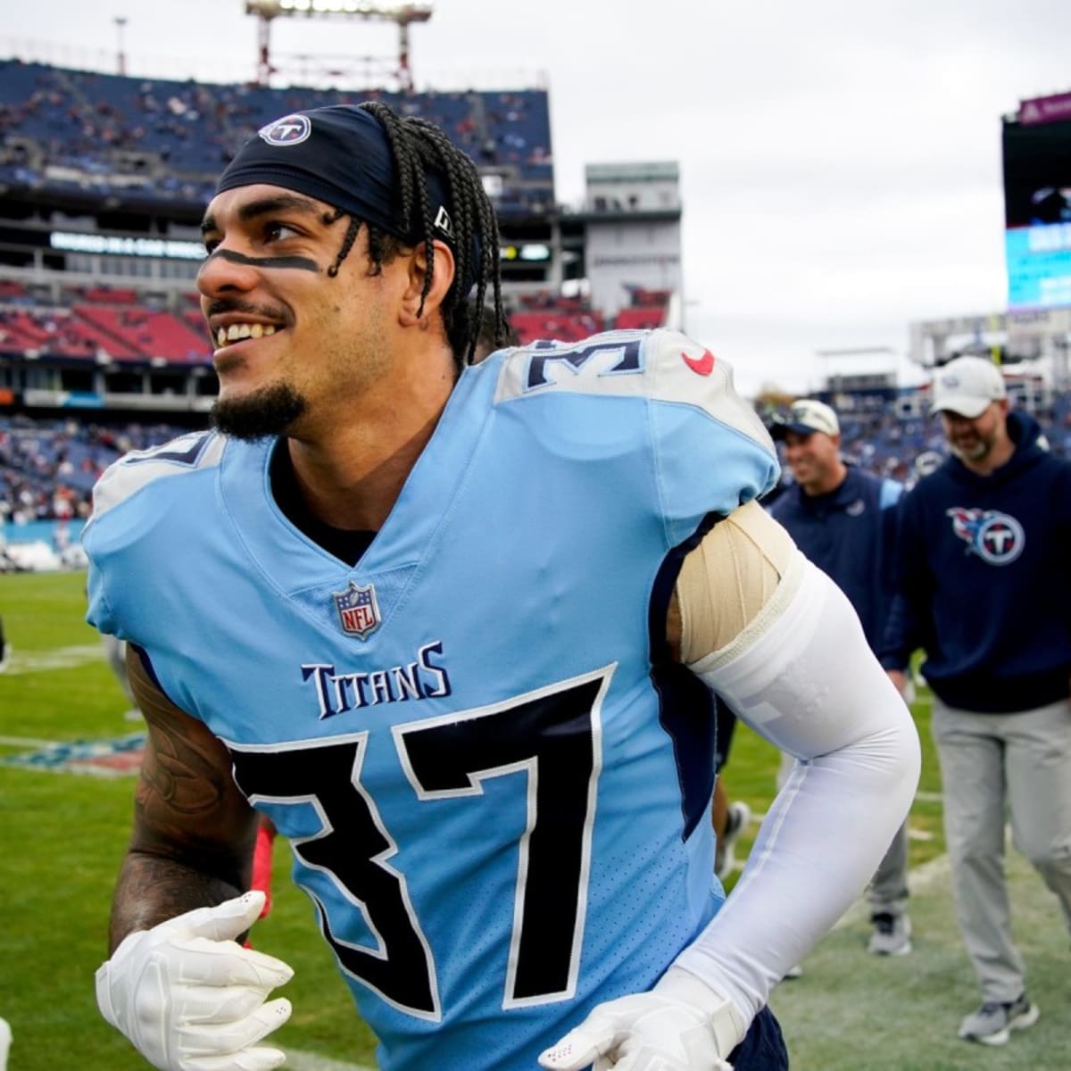 Tennessee Titans safety Amani Hooker takes up his position during the  second half of an NFL football game against the Indianapolis Colts Sunday,  Oct. 23, 2022, in Nashville, Tenn. (AP Photo/Mark Humphrey