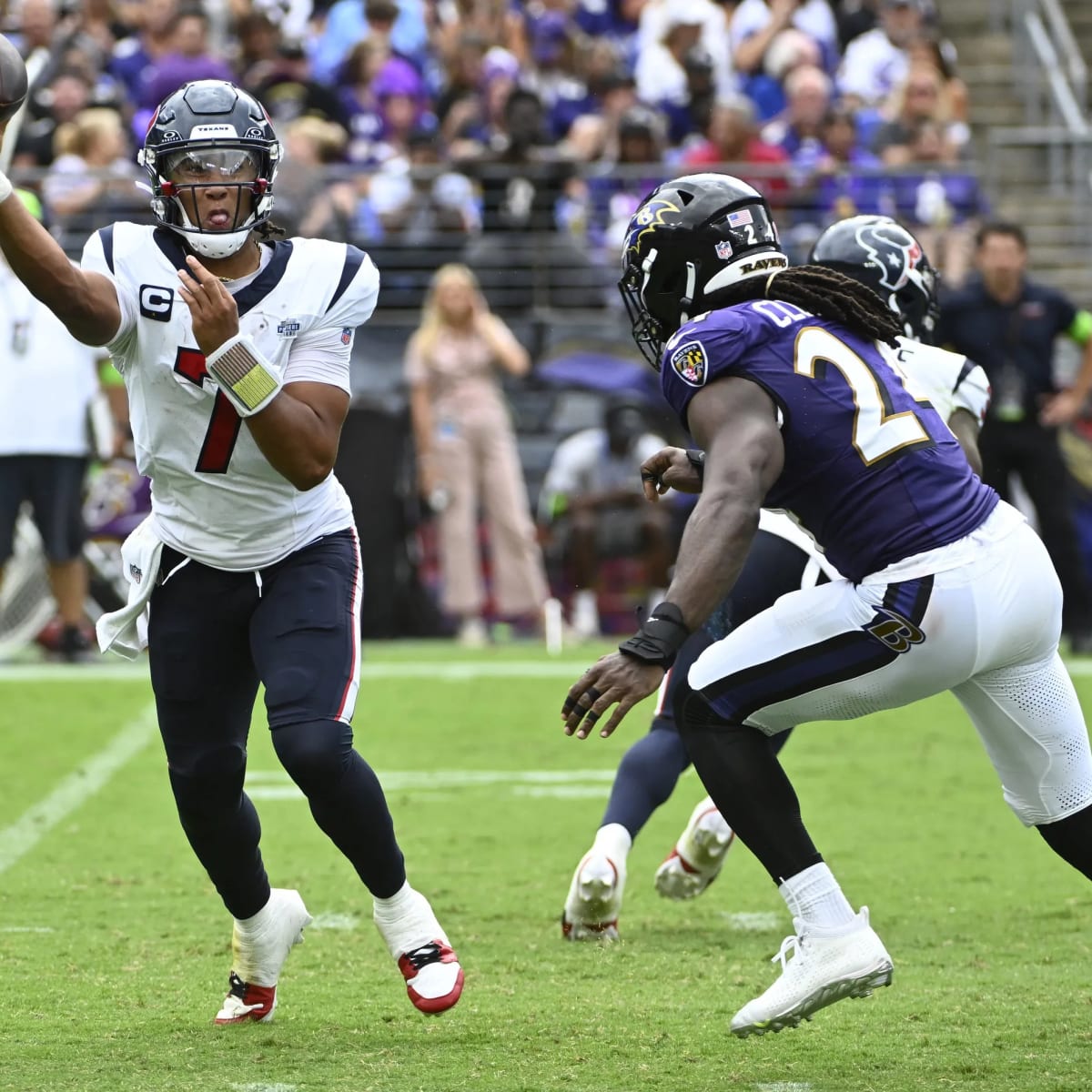 Baltimore Ravens linebacker Patrick Queen (6) surveys the play before a  snap during the first half of an NFL football game against the Jacksonville  Jaguars, Sunday, Nov. 27, 2022, in Jacksonville, Fla. (