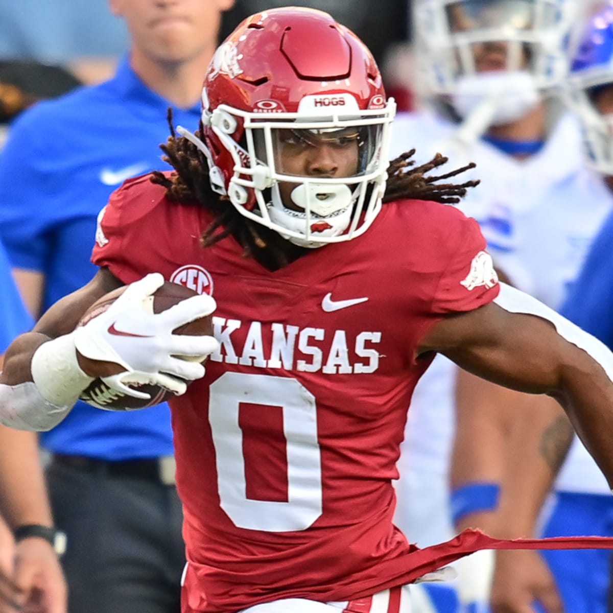 Hogs' running back AJ Green, wide receiver Isaiah Sategana after practice 