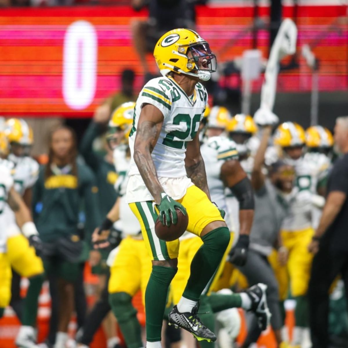 Green Bay Packers center Josh Myers (71) waits for the completion of a  replay review during the first half of an NFL football game against the  Atlanta Falcons, Sunday, Sep. 17, 2023