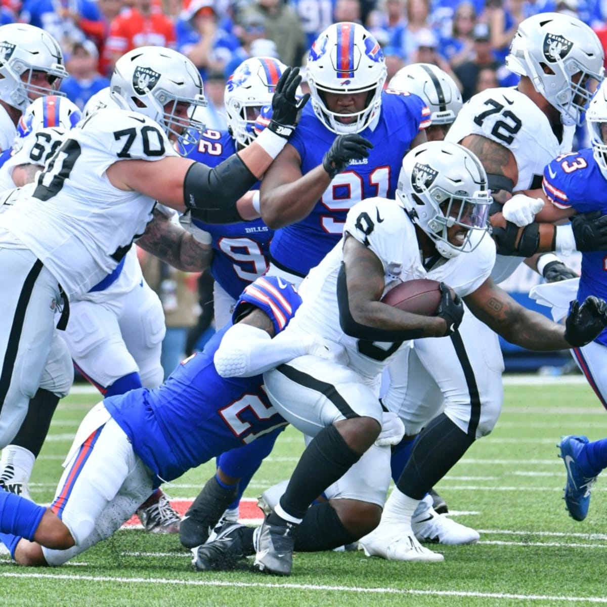 Oakland Raiders running back Josh Jacobs runs the ball during an NFL  football game against the Denver Broncos on Monday, Sept. 9, 2019, in  Oakland, CA. The Raiders won 24-16. (Daniel Gluskoter/AP