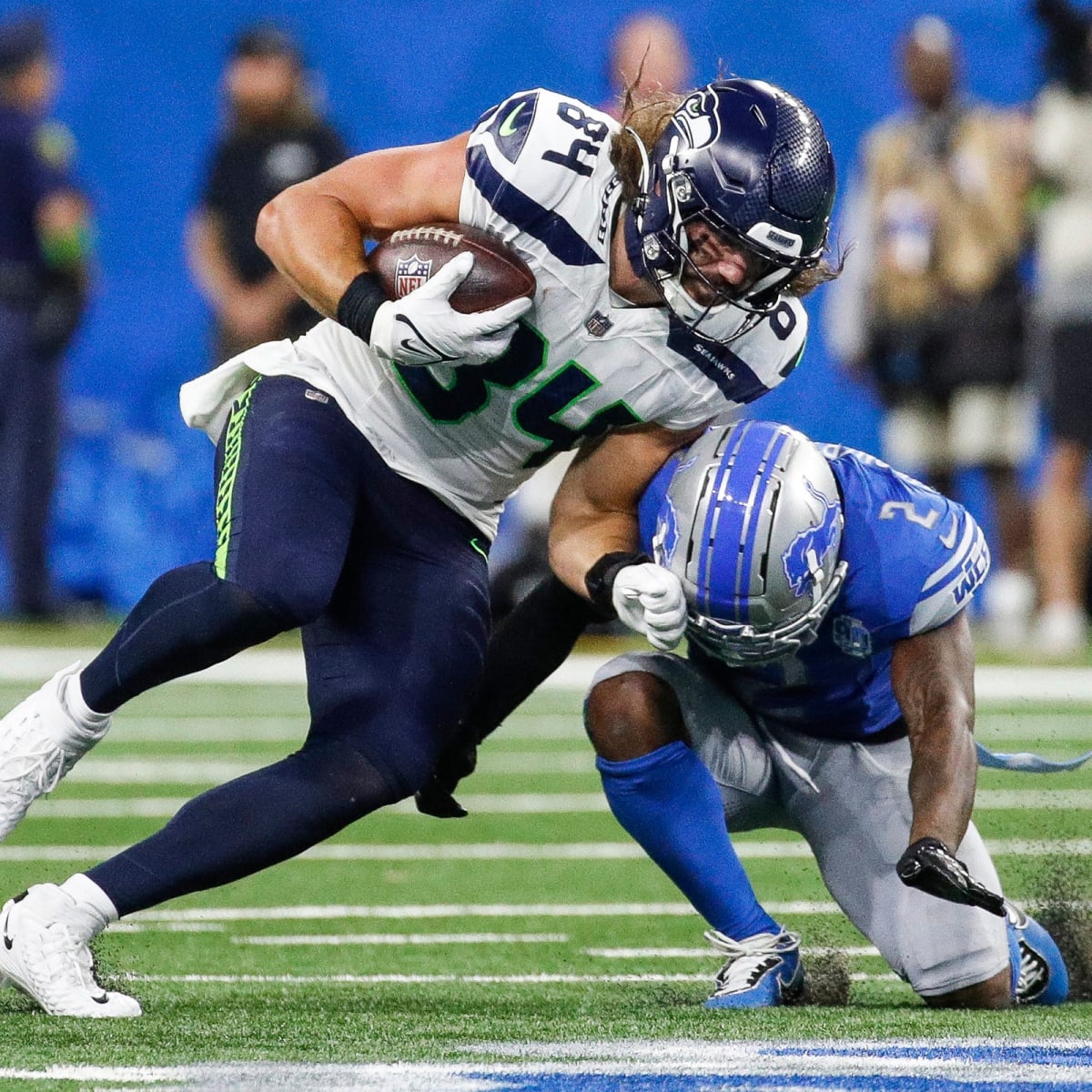 Seattle Seahawks tight end Colby Parkinson (84) during an NFL football game  against the Arizona Cardinals, Sunday, Oct. 16, 2022, in Seattle, WA. The  Seahawks defeated the Cardinals 19-9. (AP Photo/Ben VanHouten