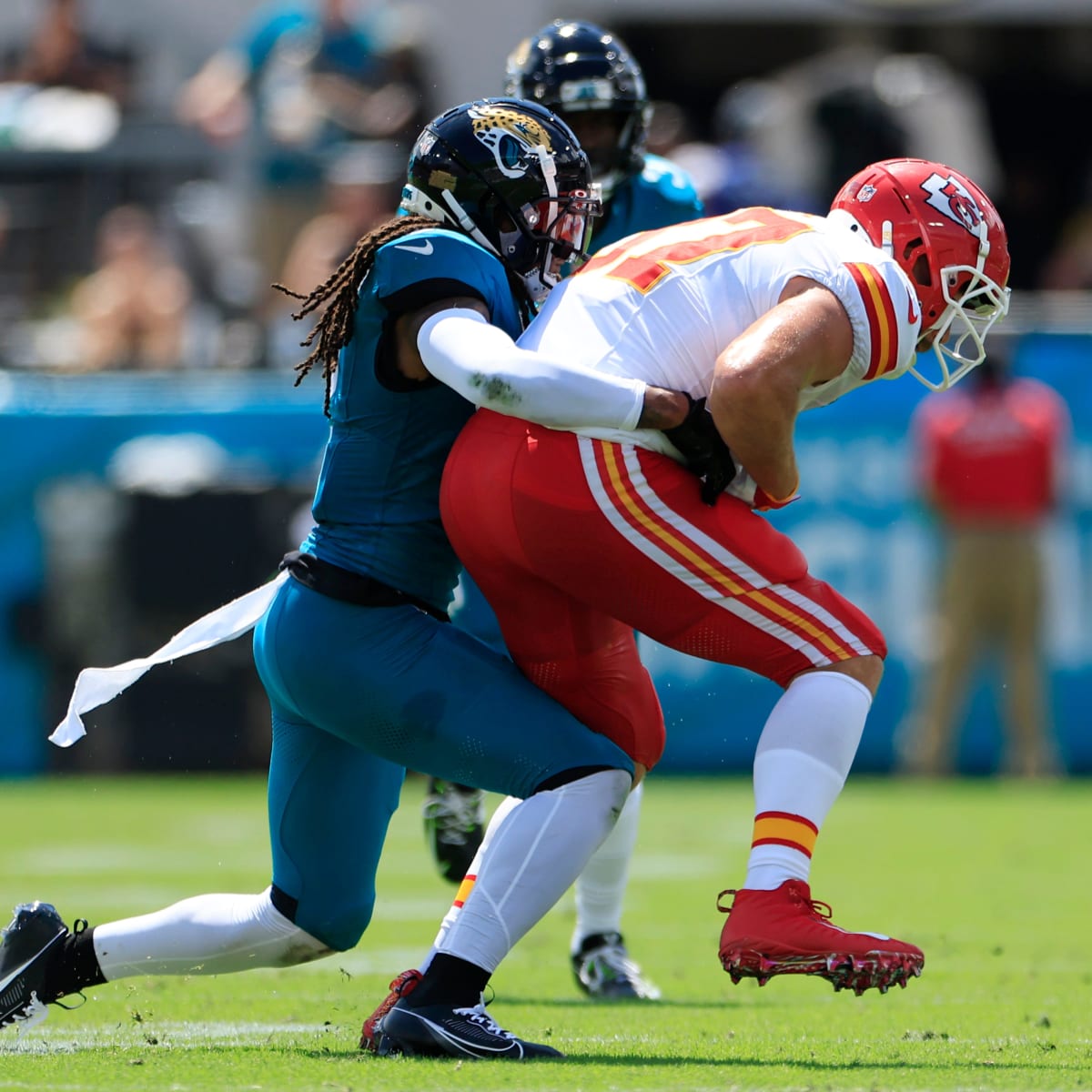 KANSAS CITY, MO - NOVEMBER 13: Jacksonville Jaguars safety Rayshawn Jenkins  (2) before an NFL game between the Jacksonville Jaguars and Kansas City  Chiefs on November 13, 2022 at GEHA Field at