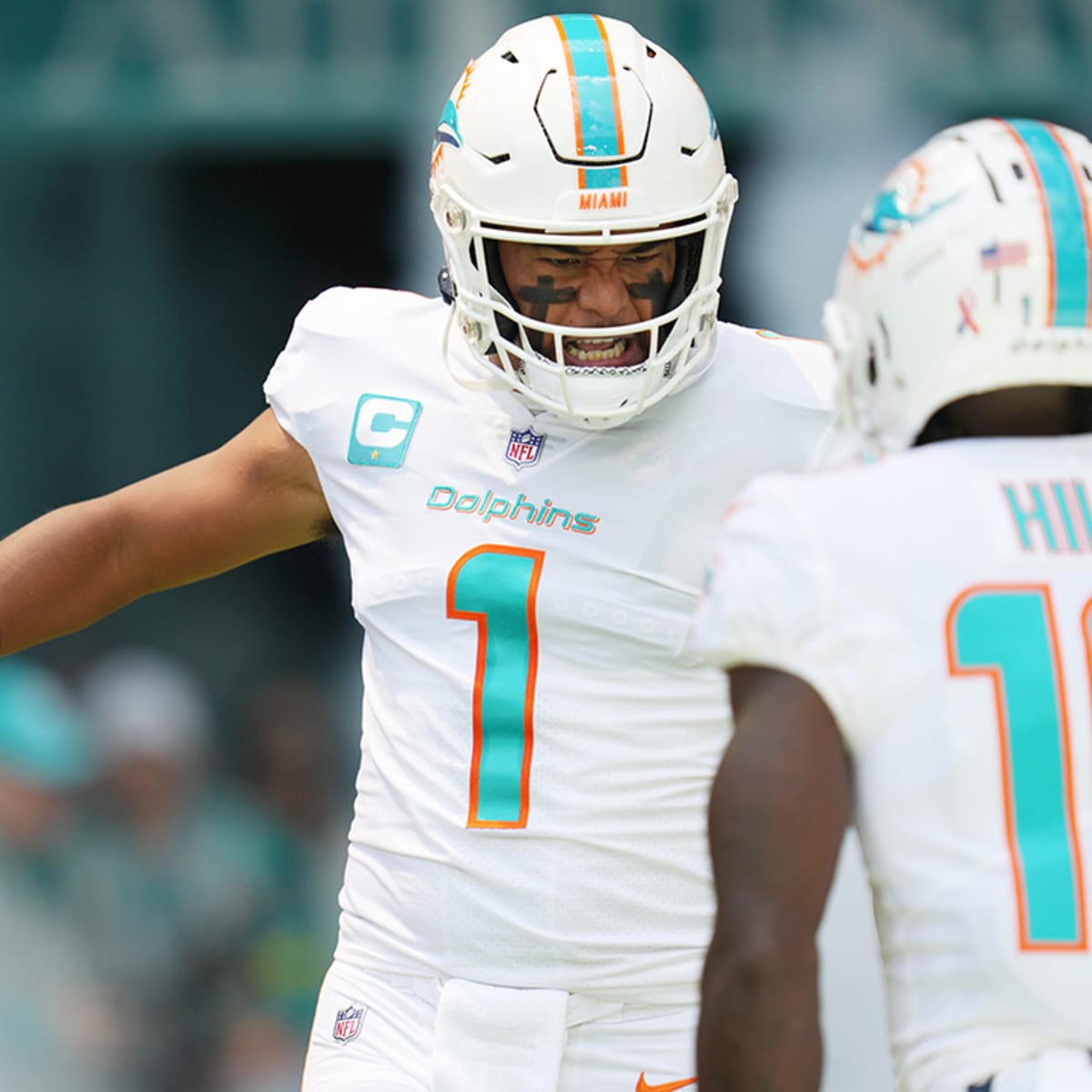 The Miami Dolphins celebrate after scoring a touchdown during the