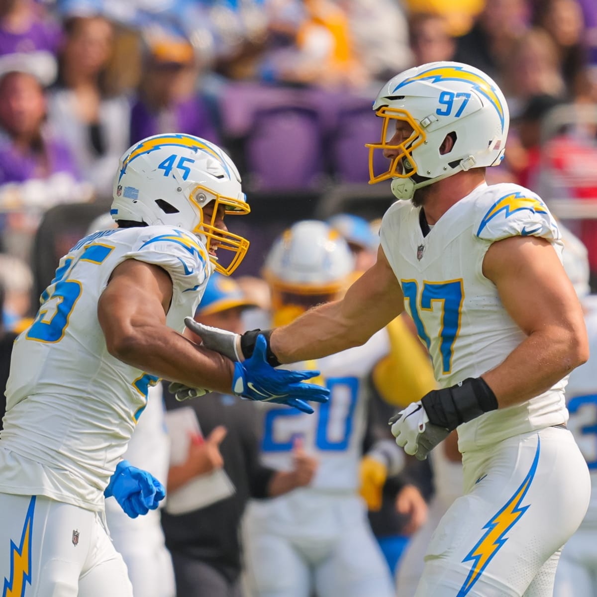 September 12, 2021: Los Angeles Chargers defensive end Joey Bosa (97)  stretches before the NFL regular season game between the Los Angeles  Chargers and the Washington Football Team at FedEx Field in