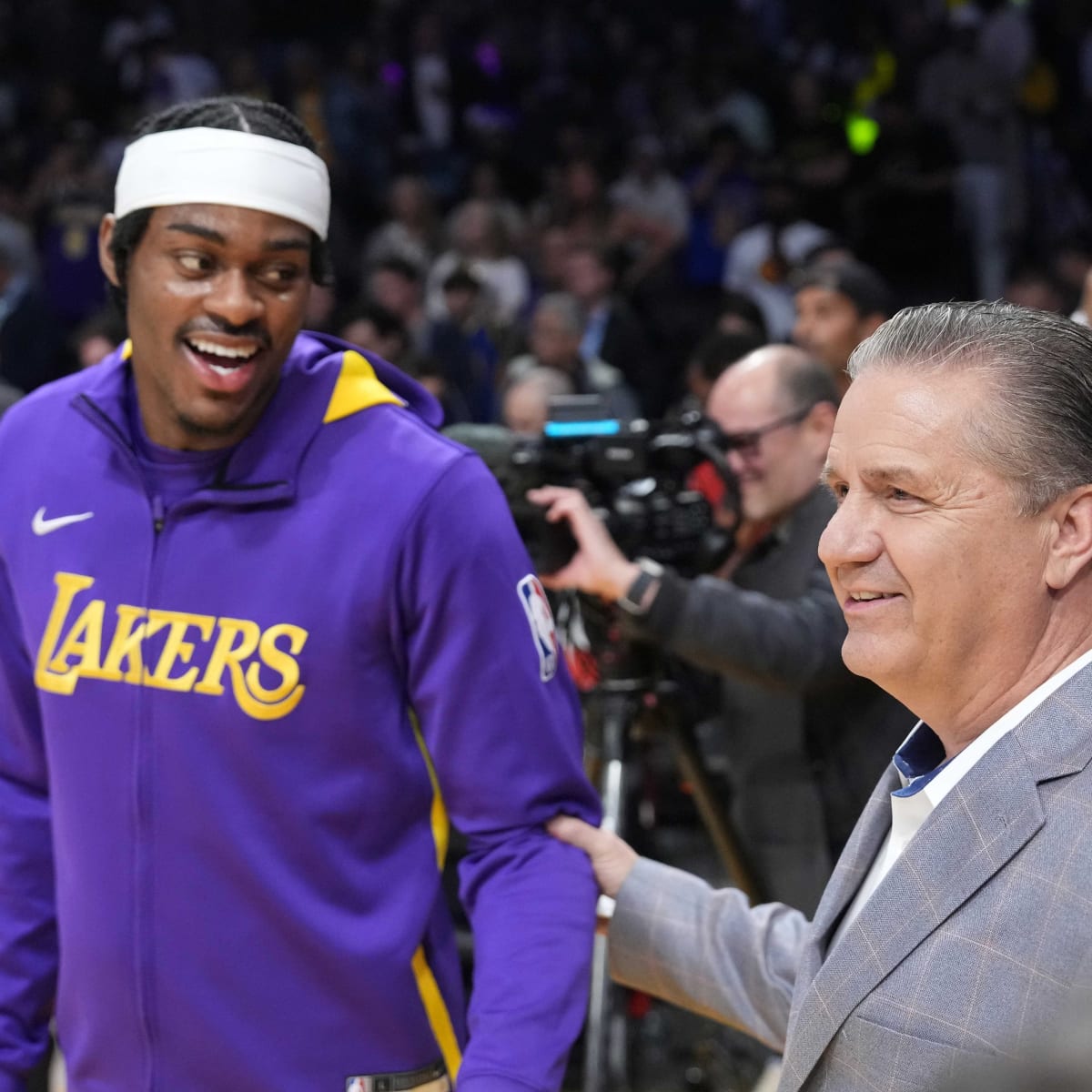 Close view of LeBron James of the Los Angeles Lakers hat during