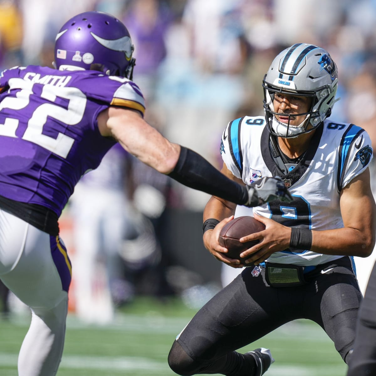 The Minnesota Vikings walk up to the line of scrimmage during an