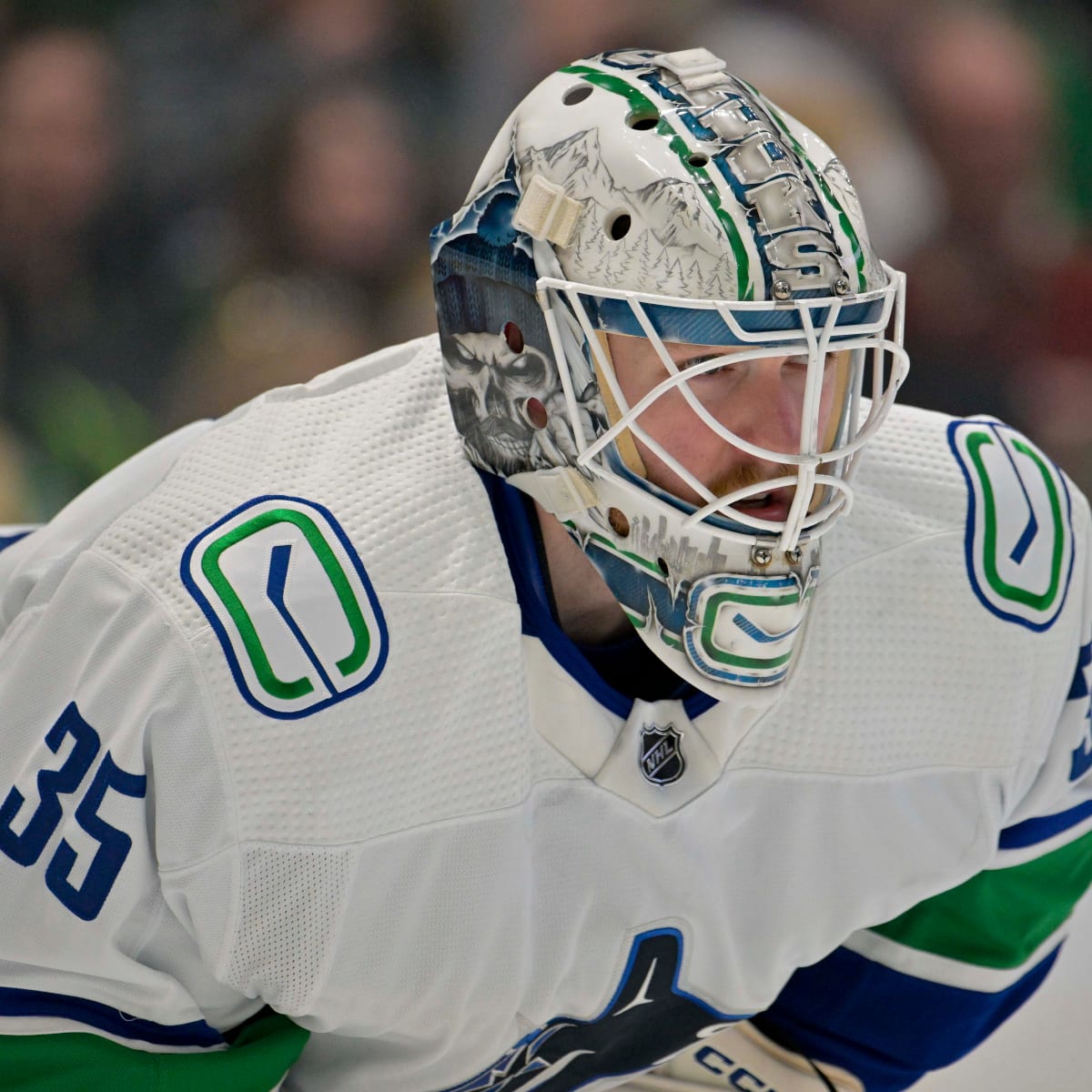 Vancouver Canucks goalie Thatcher Demko wears a special edition
