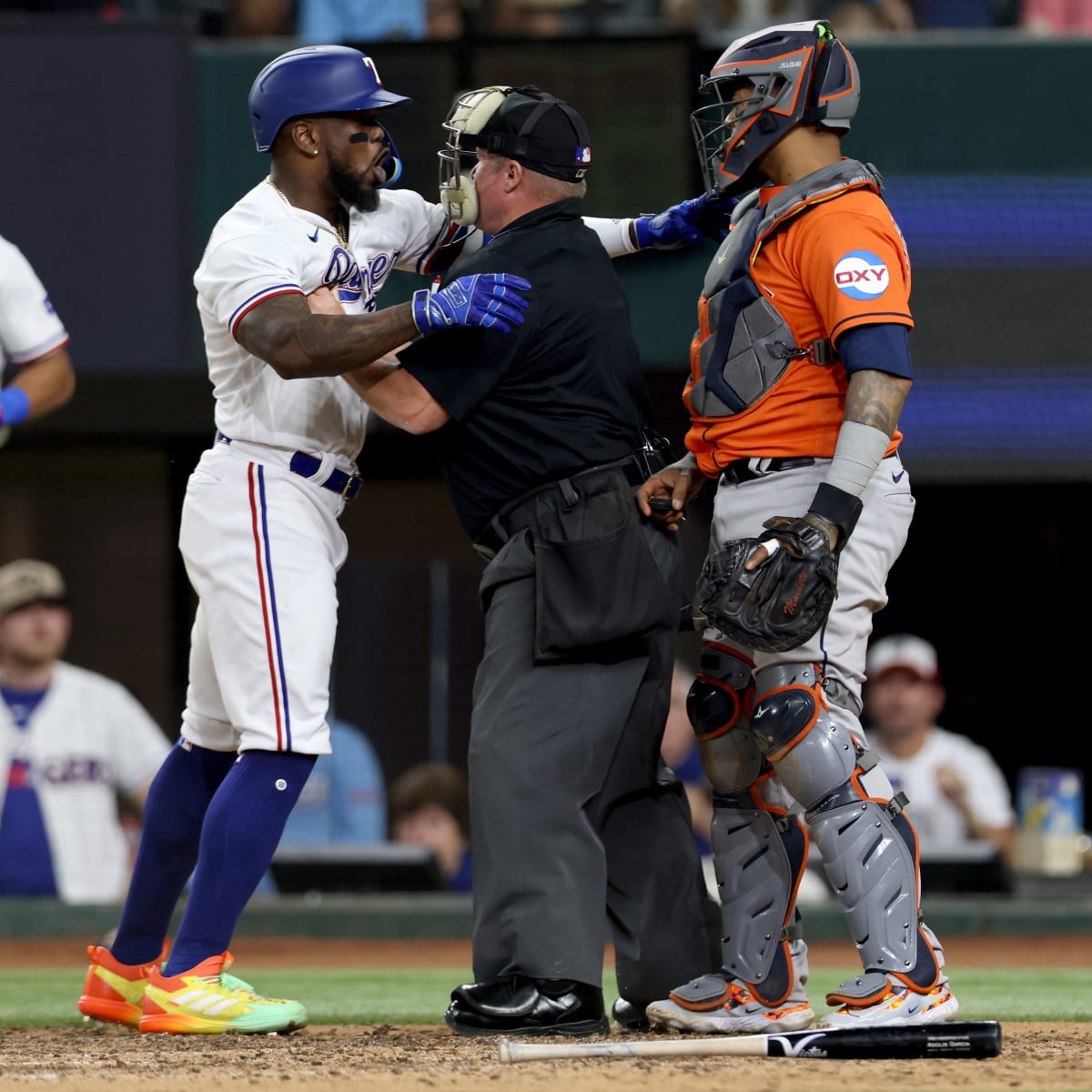 Rangers' Adolis Garcia hit by pitch and benches clear, sparking