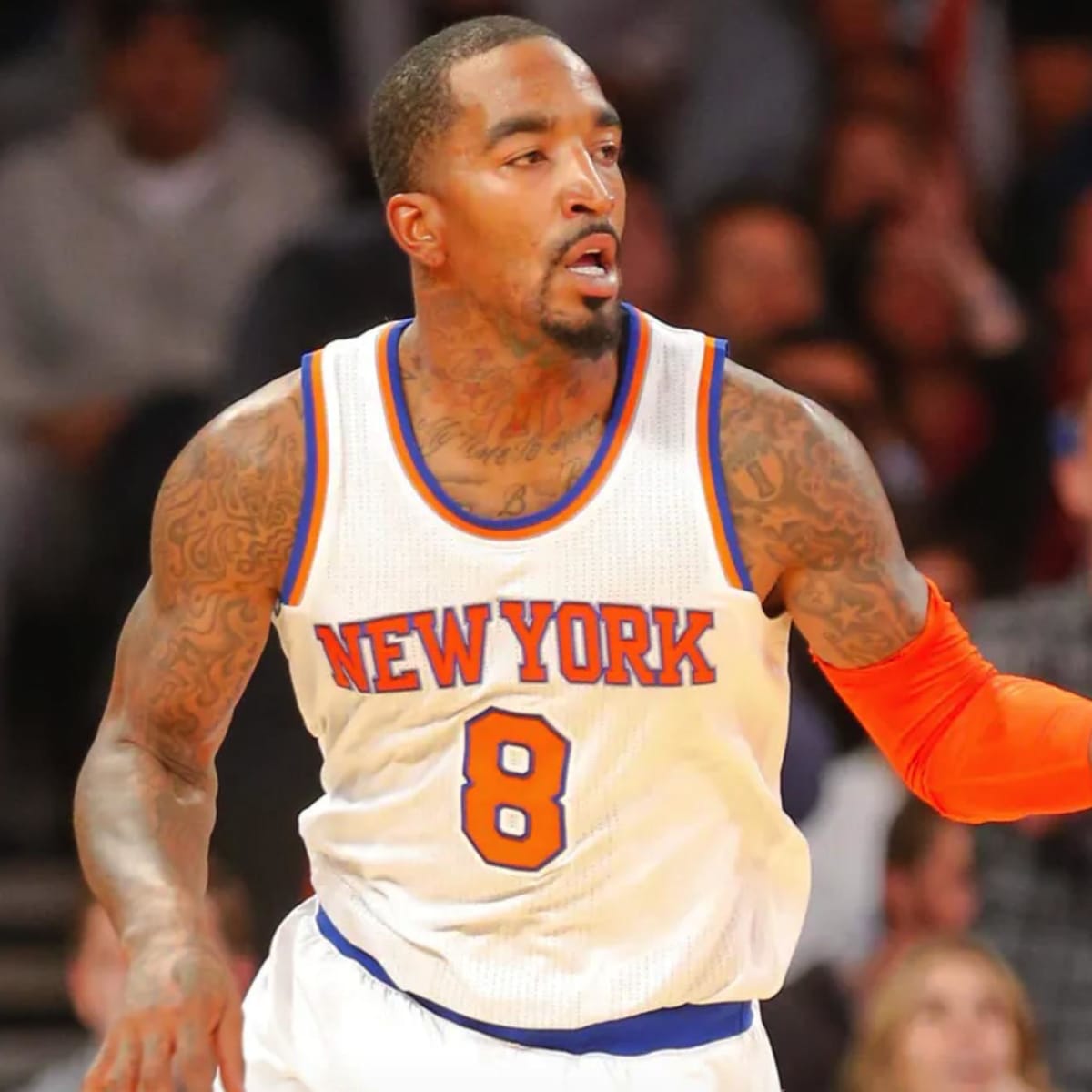 New York Knicks J.R. Smith reacts after making a basket in the