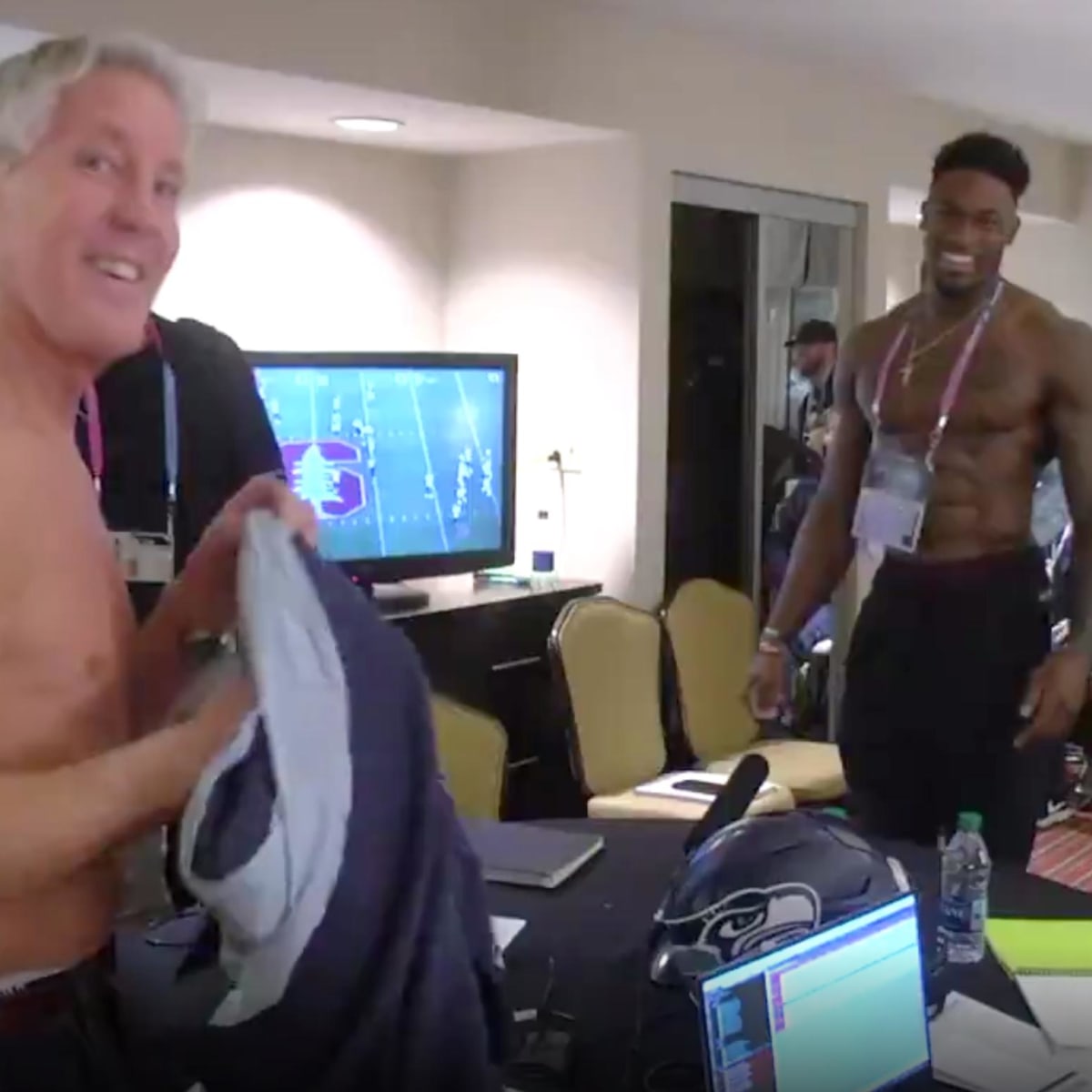 DK Metcalf Seahawks draft: Pete Carroll joins Ole Miss WR shirtless -  Sports Illustrated