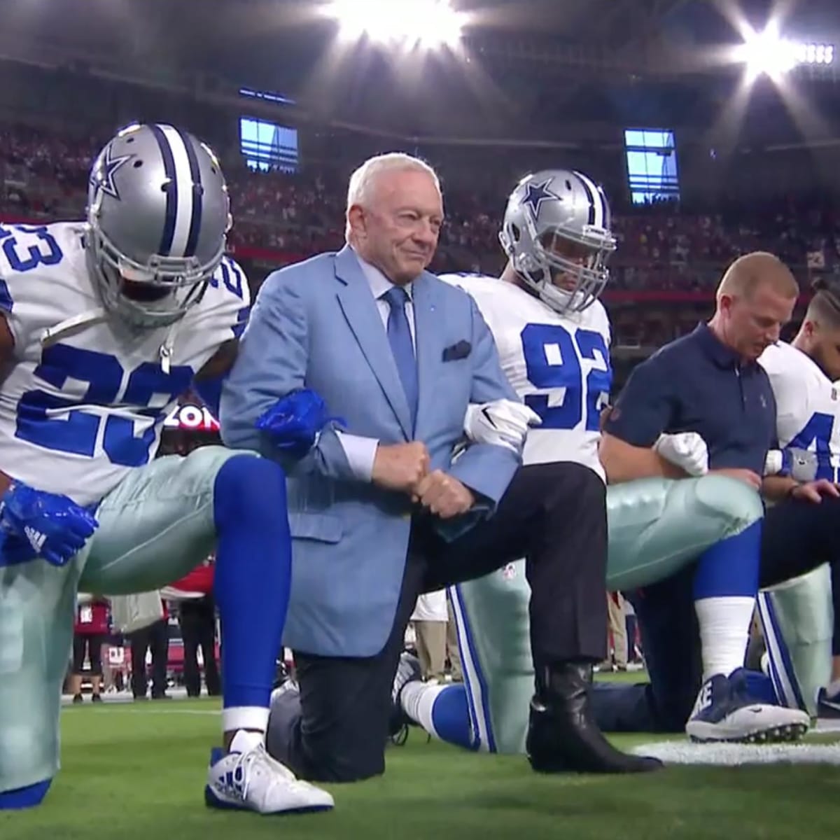 Cowboys players standing during the National Anthem before Sunday's Cowboys-Bears  game.