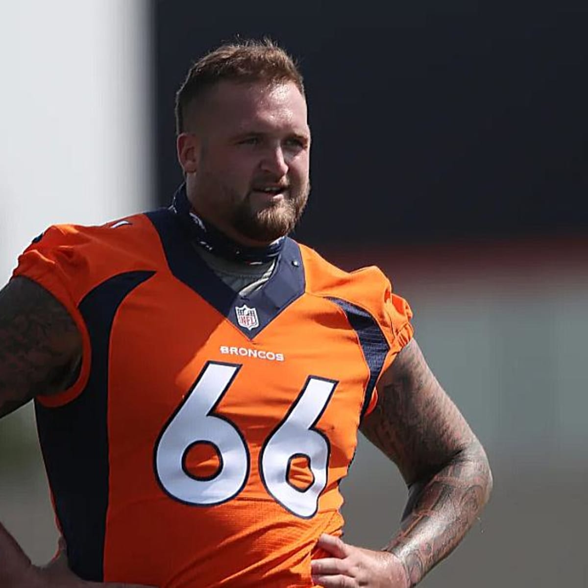 September 22, 2019: Denver Broncos offensive tackle Dalton Risner #66 in  the rain during the NFL Football game between the Denver Broncos and the  Green Bay Packers at Lambeau Field in Green