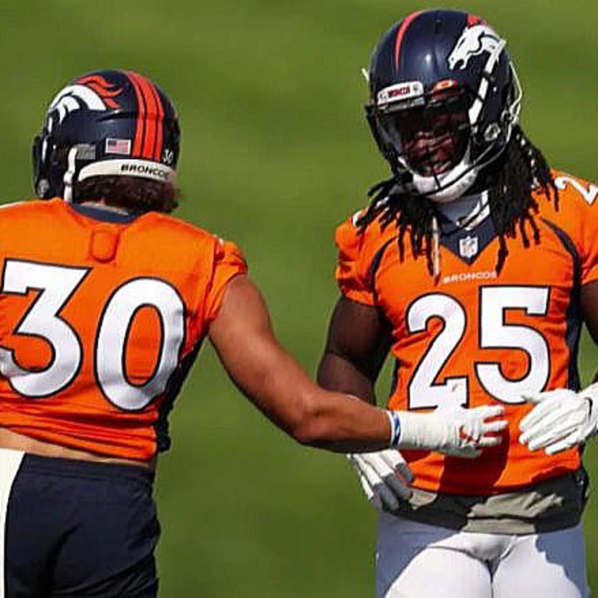 Denver Broncos wide receiver DaeSean Hamilton, left, celebrates