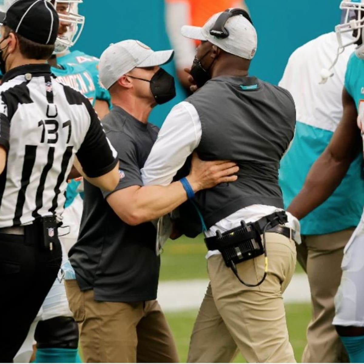 August 29, 2019: Miami Dolphins Head Coach Brian Flores walks the sideline  during a preseason game between the New Orleans Saints and the Miami  Dolphins at the Mercedes Benz Superdome in New