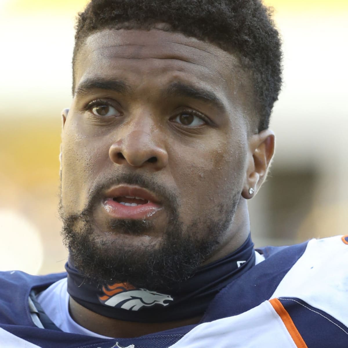 Denver, USA. October 23, 2022: Denver Broncos defensive end Dre'Mont Jones  (93) waits a for a replay review in the first half of the football game  between the Denver Broncos and New