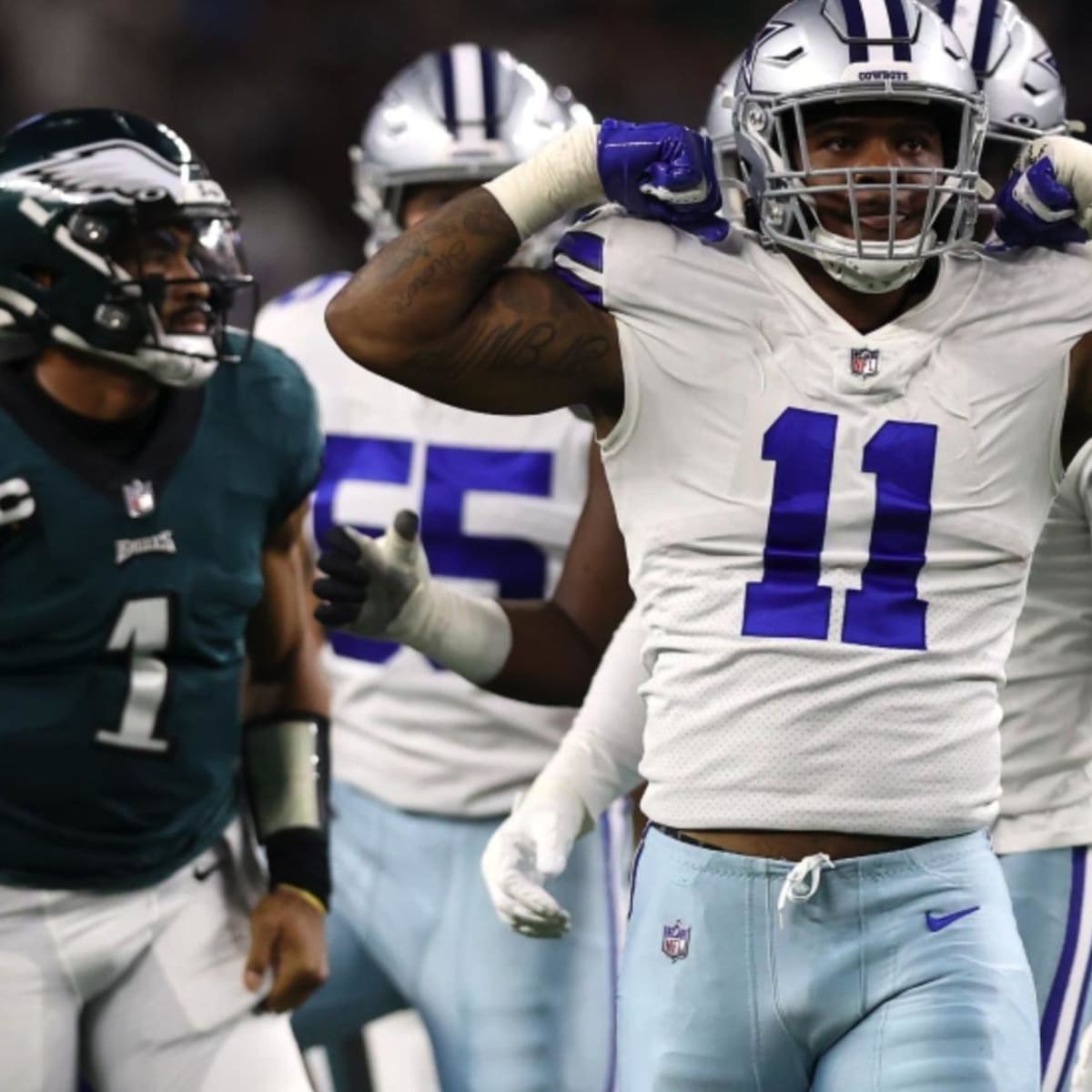 Dallas Cowboys linebacker Micah Parsons (11) celebrates tackling  Philadelphia Eagles quarterback Jalen Hurts during an NFL football game,  Monday, Sept. 27, 2021, in Arlington, Texas. Dallas won 41-21. (AP  Photo/Brandon Wade Stock Photo - Alamy