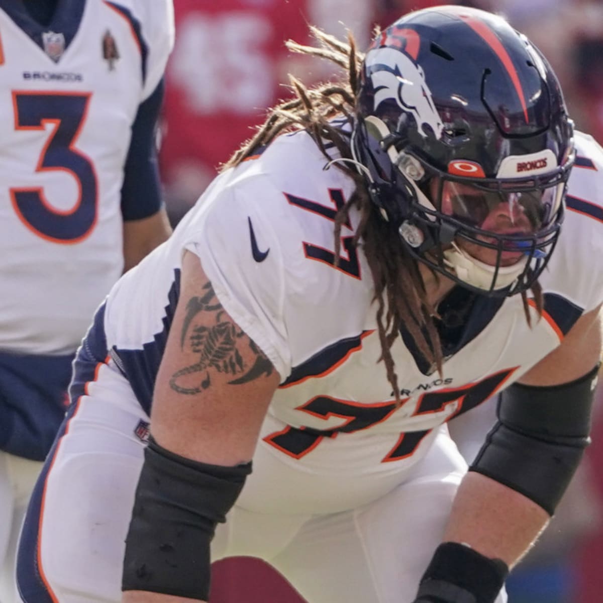 Denver Broncos guard Quinn Meinerz (77) on the sideline during an NFL  football game against the Carolina Panthers, Sunday, Nov. 27, 2022, in  Charlotte, N.C. (AP Photo/Brian Westerholt Stock Photo - Alamy