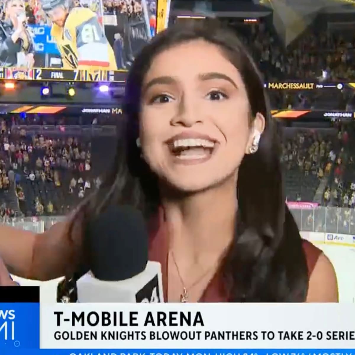Samantha Rivera stiff-arms unruly hockey fan on live TV during the Stanley  Cup Finals in Las Vegas. During the brief altercation, she reminded the  audience That's the kind of fan you don't