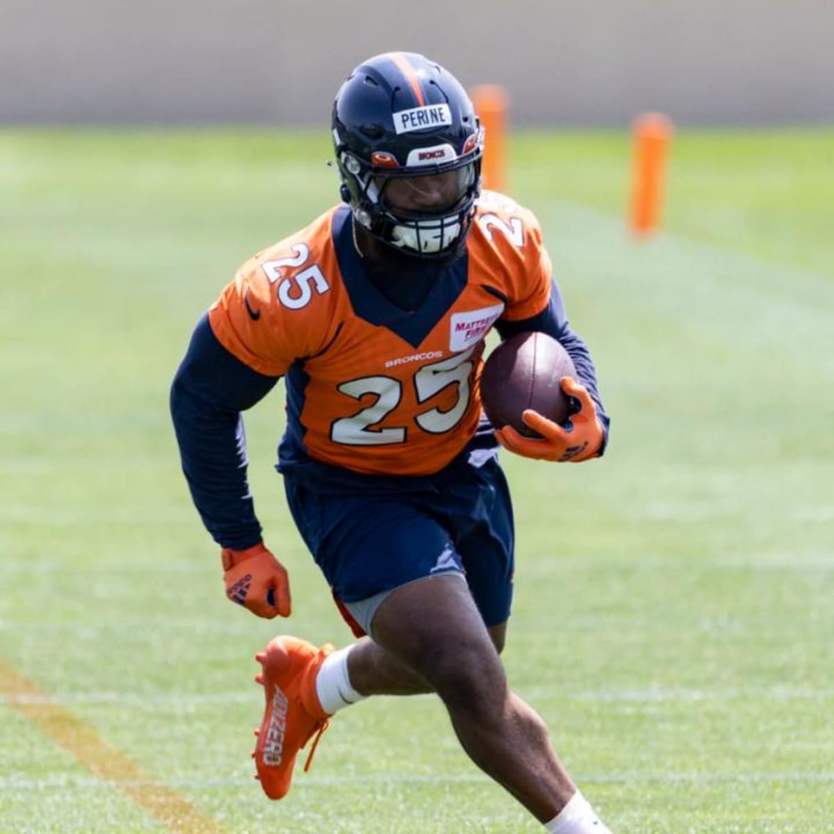 Denver Broncos linebacker Drew Sanders takes part in drills during