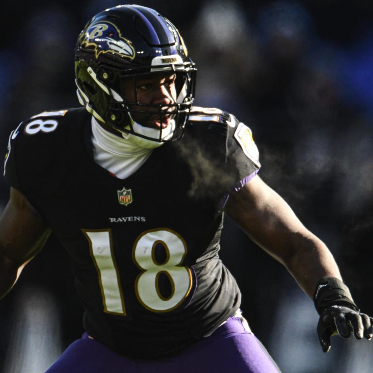 Baltimore Ravens linebacker Roquan Smith (18) looks on between plays during  the second half of an NFL football game against the Denver Broncos, Sunday,  Dec. 4, 2022, in Baltimore. (AP Photo/Terrance Williams