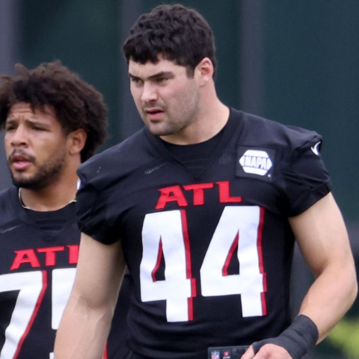 Atlanta Falcons linebacker Troy Andersen (44) works during the first half  of an NFL football game