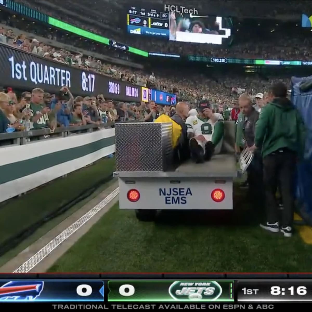 NY Jets' Aaron Rodgers carted off with ankle injury on first drive