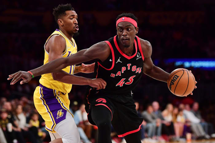 Toronto Raptors forward Pascal Siakam (43) moves to the basket against Los Angeles Lakers guard Malik Monk (11) during the first half at Crypto.com Arena