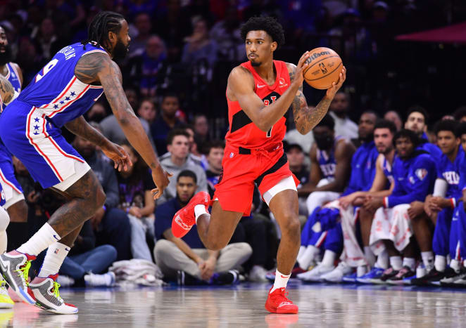 Toronto Raptors guard Armoni Brooks (1) controls the ball in the in the second quarter against the Philadelphia 76ers at Wells Fargo Center.