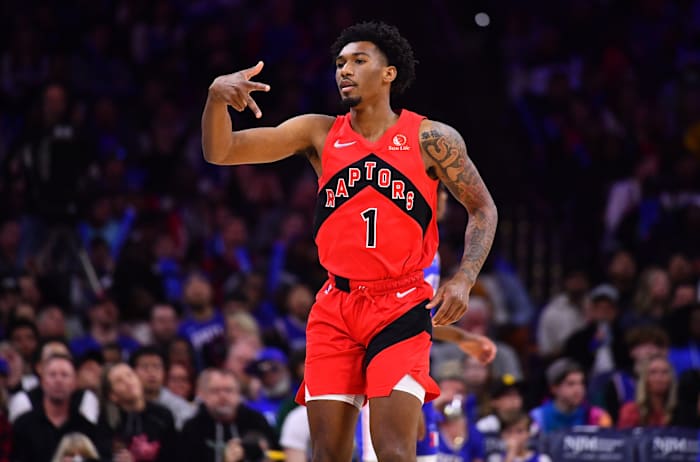 Toronto Raptors guard Armoni Brooks (1) reacts after scoring a three point shot in the fourth quarter against the Philadelphia 76ers at Wells Fargo Center.