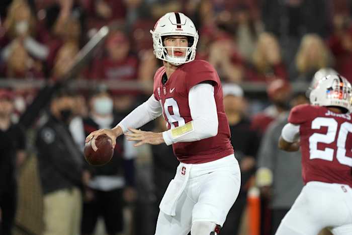 Stanford Cardinal quarterback Tanner McKee (18) throws a pass during the first quarter against the Notre Dame Fighting Irish at Stanford Stadium.