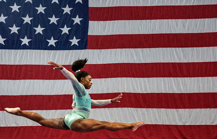 Biles during the balance beam competition at the 2018 U.S. Gymnastics Championships.