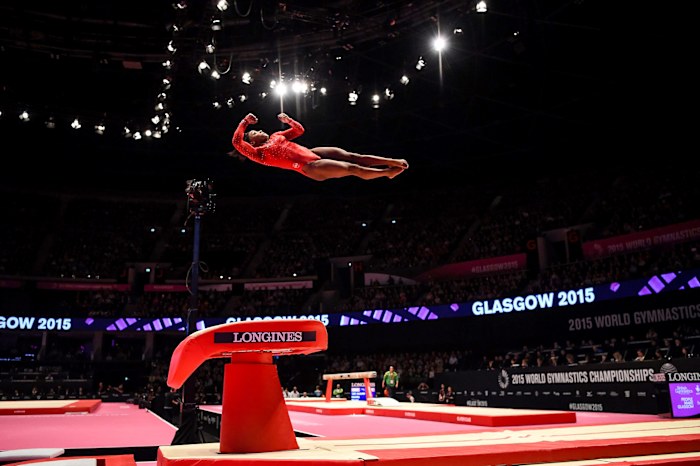 Biles at the 2015 World Gymnastics Championships.