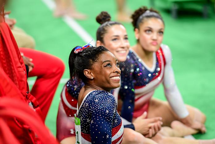 Biles with teammates at the Rio 2016 Olympics.