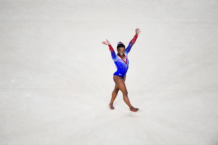 Biles during her gold medal floor exercise at Rio 2016.