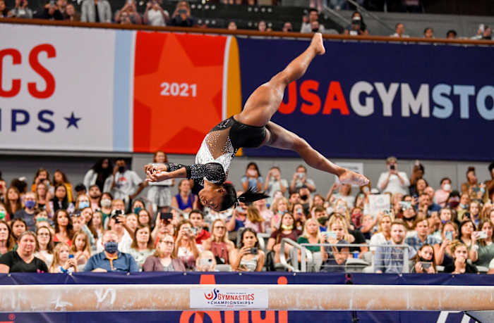 Biles competing at the 2021 U.S. Gymnastics Championships.