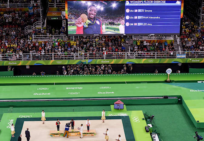 Biles during her gold medal floor exercise at the Rio 2016 Olympics.