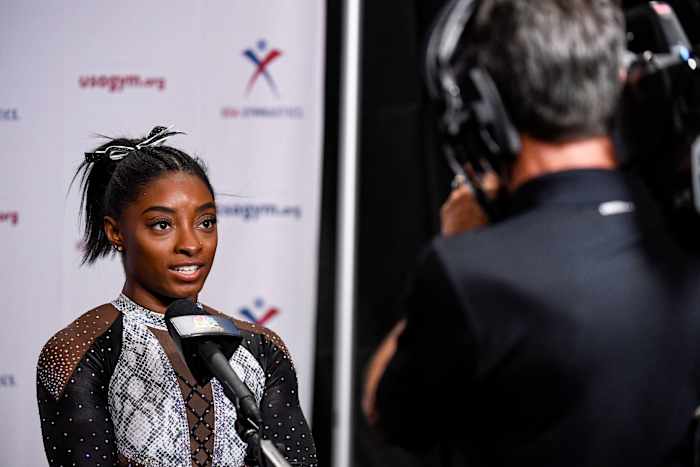 Biles during an interview at the 2021 U.S. Gymnastics Championships.