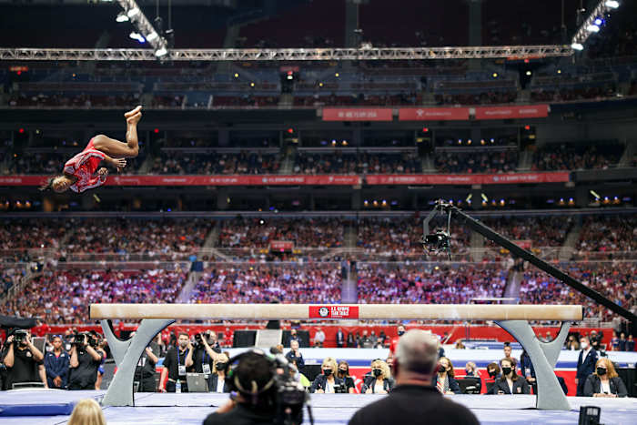 Biles competing at the 2021 U.S. Olympic Team Trials.