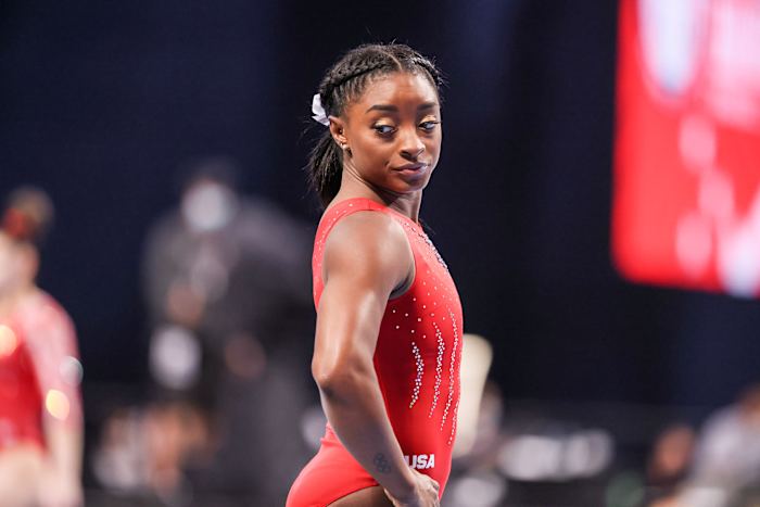 Biles competing at the 2021 U.S. Olympic Team Trials.